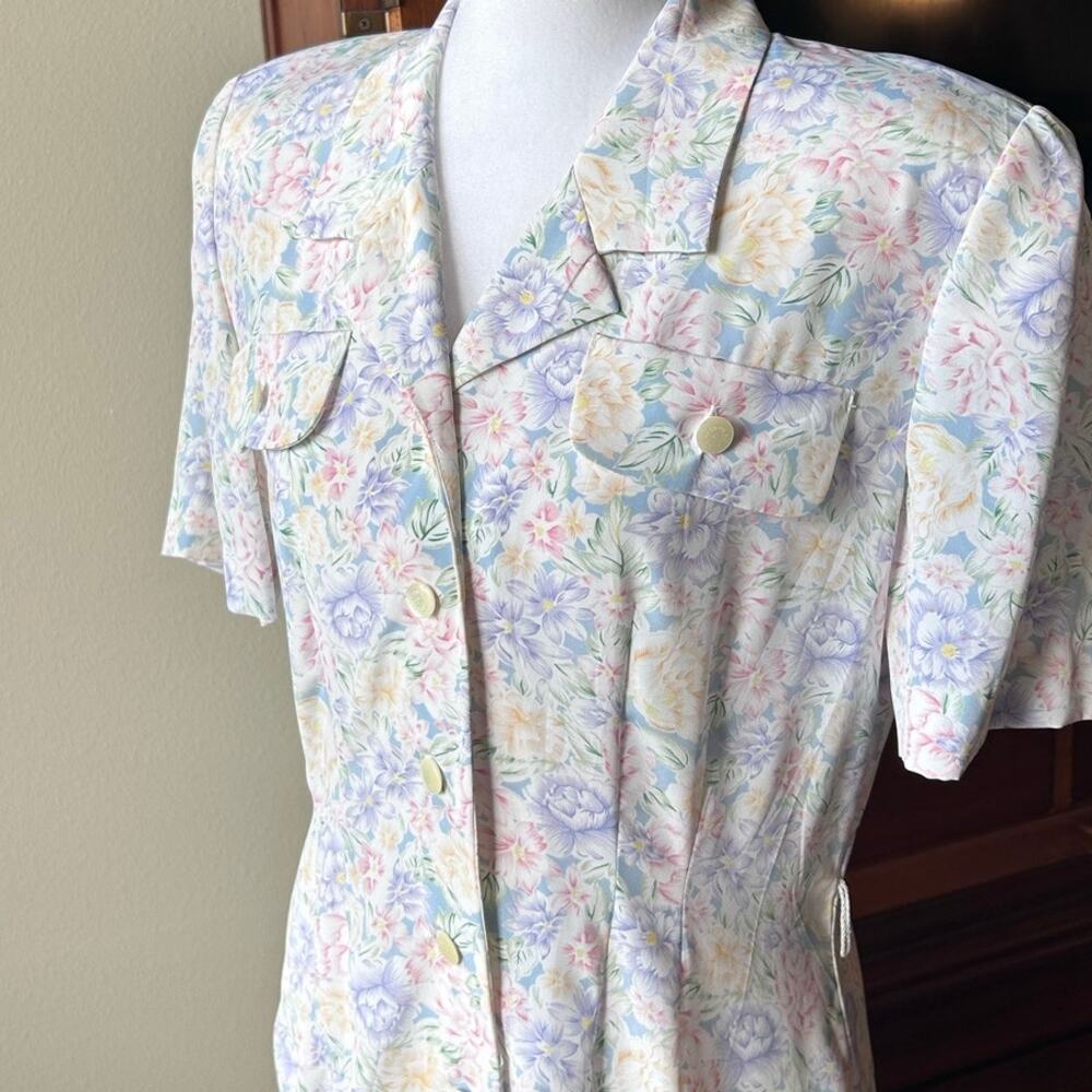Vintage Leslie Fay Floral Maxi Dress Pastel Watercolor Pleated Short Sleeve 6